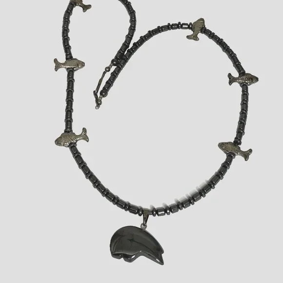Southwest Hematite Native Fetish Bear w Fishes Set Necklace, Drop Earrings 21" L - Picture 4 of 7
